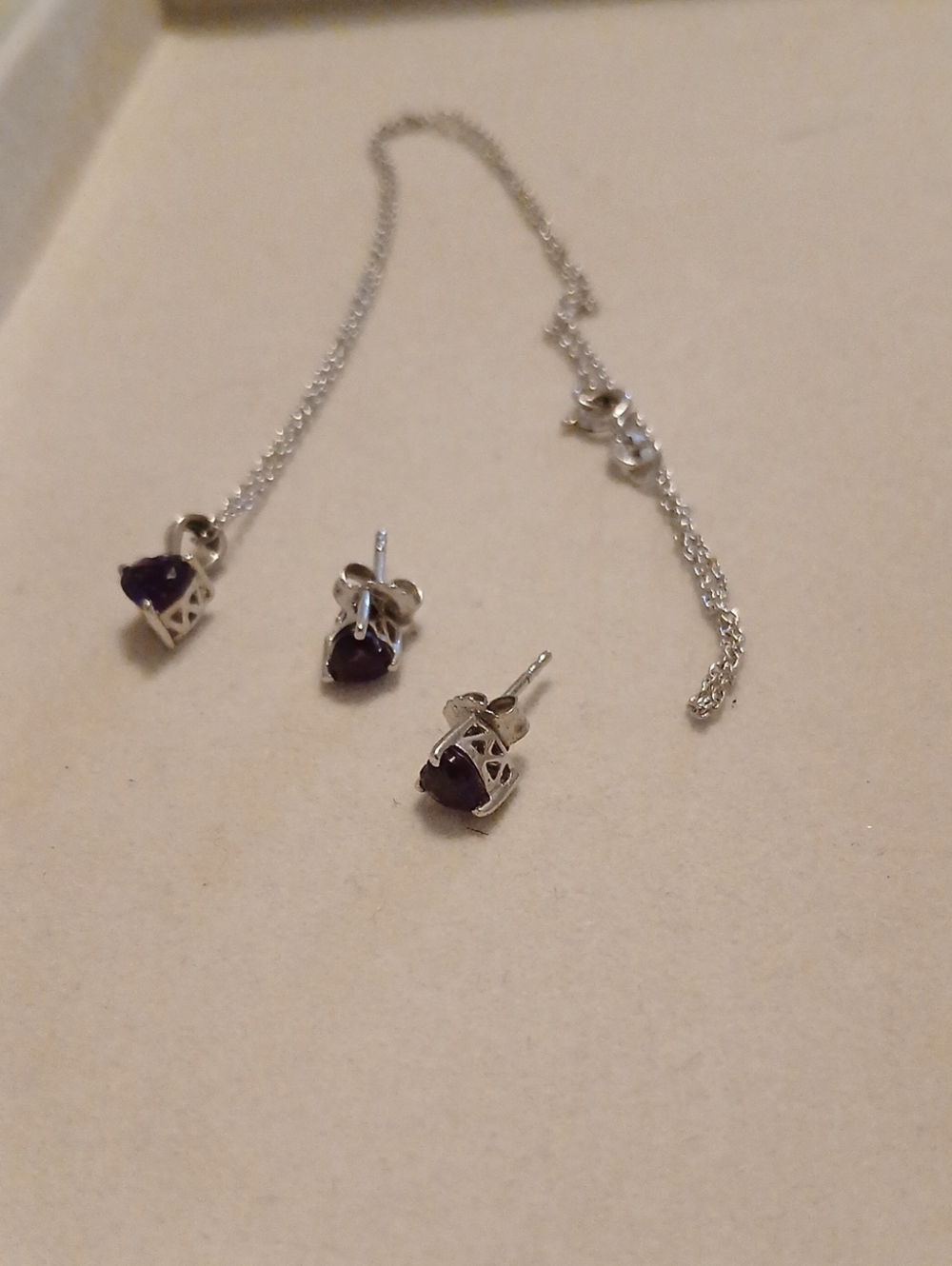 Sterling Silver Heart Necklace and Stud Earrings with Purple Amethyst Stones